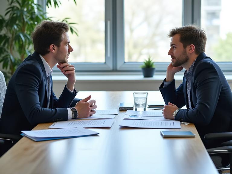 Two small-business founders discussing ownership notes and company documents around a meeting table