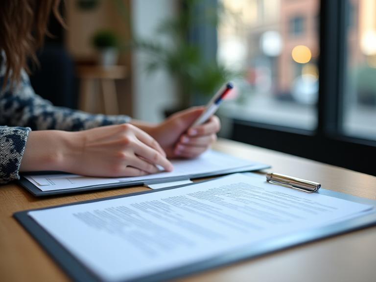 Small business owner preparing company papers and a written enquiry at a desk near a London shop window