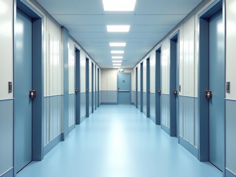 Quiet police custody corridor in South London with secure interview-room doors